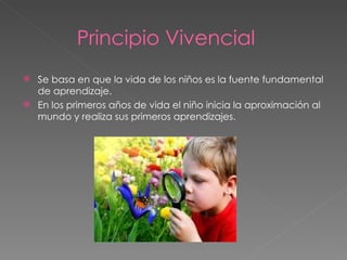 Principio Vivencial
 Se basa en que la vida de los niños es la fuente fundamental
  de aprendizaje.
 En los primeros años de vida el niño inicia la aproximación al
  mundo y realiza sus primeros aprendizajes.
 