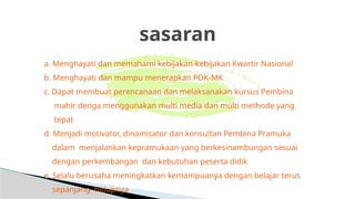 sasaran
a. Menghayati dan memahami kebijakan-kebijakan Kwartir Nasional
b. Menghayati dan mampu menerapkan PDK-MK
c. Dapat membuat perencanaan dan melaksanakan kursus Pembina
mahir denga menggunakan multi media dan multi methode yang
tepat
d. Menjadi motivator, dinamisator dan konsultan Pembina Pramuka
dalam menjalankan kepramukaan yang berkesinambungan sesuai
dengan perkembangan dan kebutuhan peserta didik
e. Selalu berusaha meningkatkan kemampuanya dengan belajar terus
sepanjang hidupnya
 