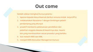 Out come
Setelah selesai mengikuti kursus peserta :
1. laporan kepada Ketua Kwarcab berikut rencana tindak lanjut (RTL)
2. melaksanakan Naratama-1 dengan bimbingan pelatih
pendamping yang ditunjuk
3. proaktif membantu pelaksanaan pendidikan dan
pelatihan anggota dewasa di kwartirnya atau kwartir
lain yang membutuhkan sesuai prosedur yang berlaku
4. ikut melatih KMD dan KML
5. menjadi KMK (Konsultan Managemen Kursus)
 