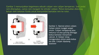 Gambar 3 menunjukkan bagaimana sebuah caliper rem caliper beroperasi. Saat pedal
rem diterapkan, cairan rem mengalir ke silinder caliper. Piston kemudian didorong
keluar oleh tekanan fluida untuk menyumbat bantalan rem ke rotor.
Gambar 3. Operasi piston caliper.
Caliper piston tunggal sangat
umum. Caliper mengapung atau
meluncur di atas gunung sehingga
kedua bantalan menyentuh
cakram. B- Kaliper tetap
menggunakan piston pada kedua
sisi disk. Caliper dipasang
stasioner
 
