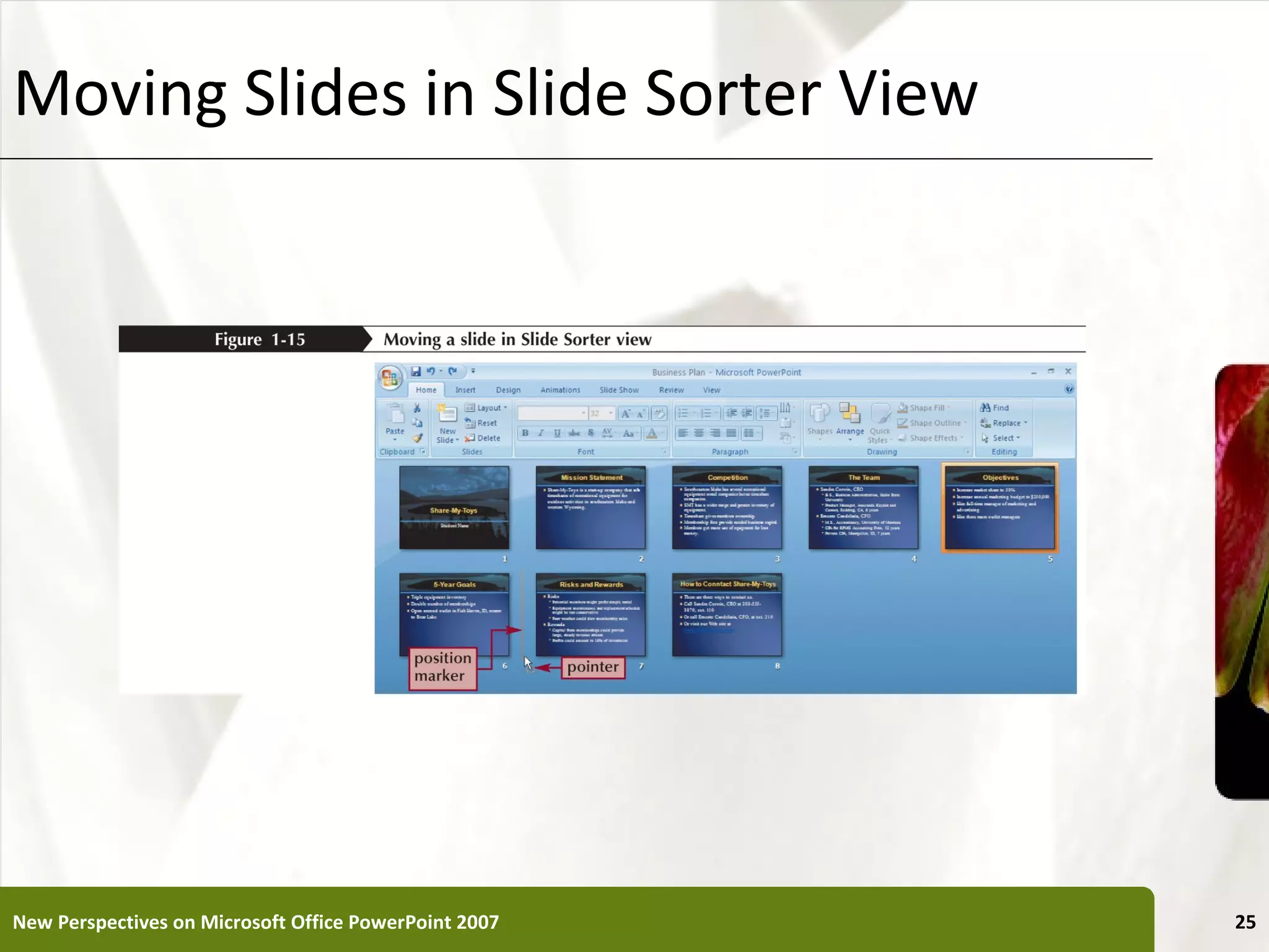 Moving Slides in Slide Sorter View                     XP




New Perspectives on Microsoft Office PowerPoint 2007        25
 