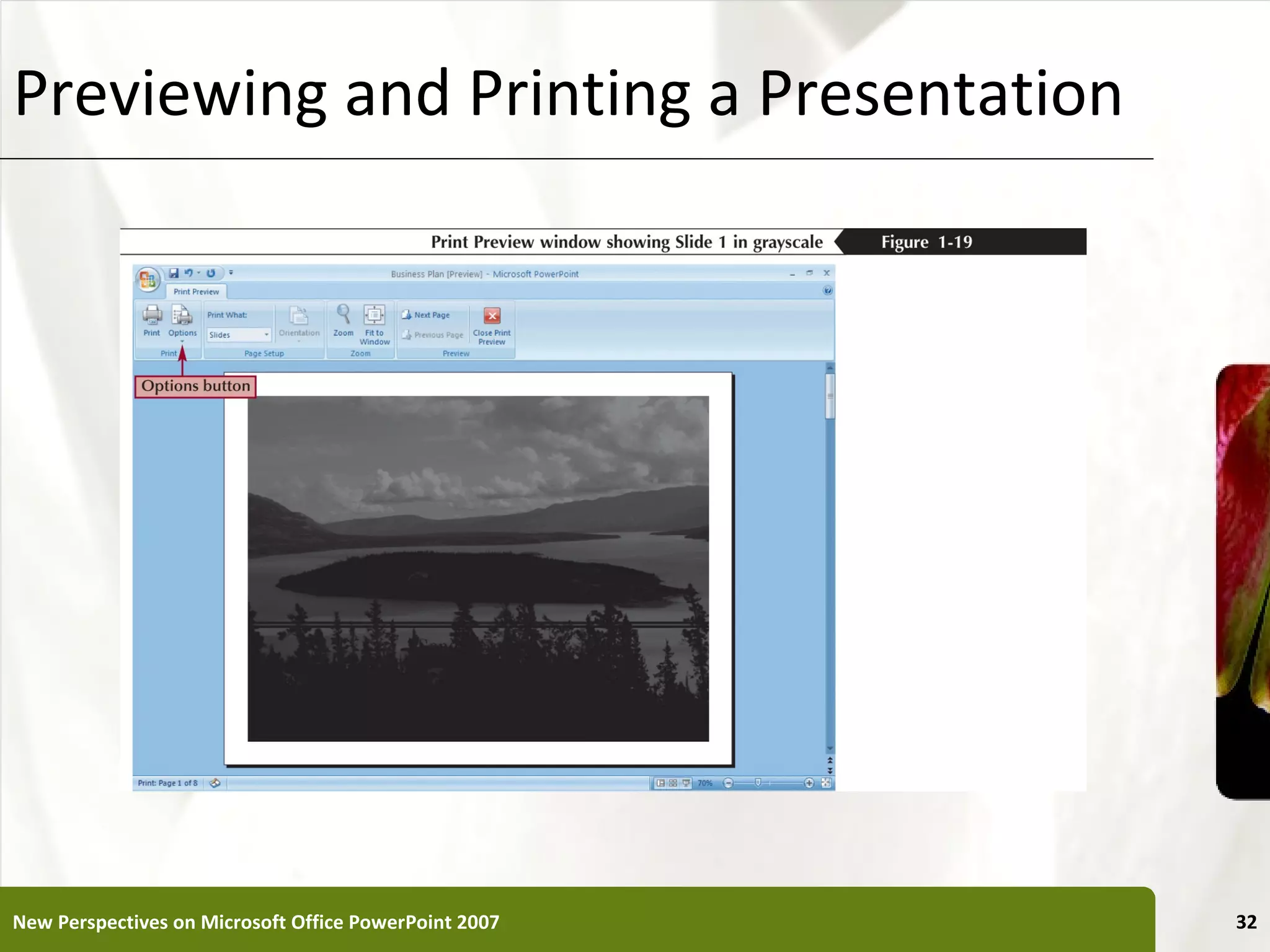 Previewing and Printing a Presentation                 XP




New Perspectives on Microsoft Office PowerPoint 2007        32
 