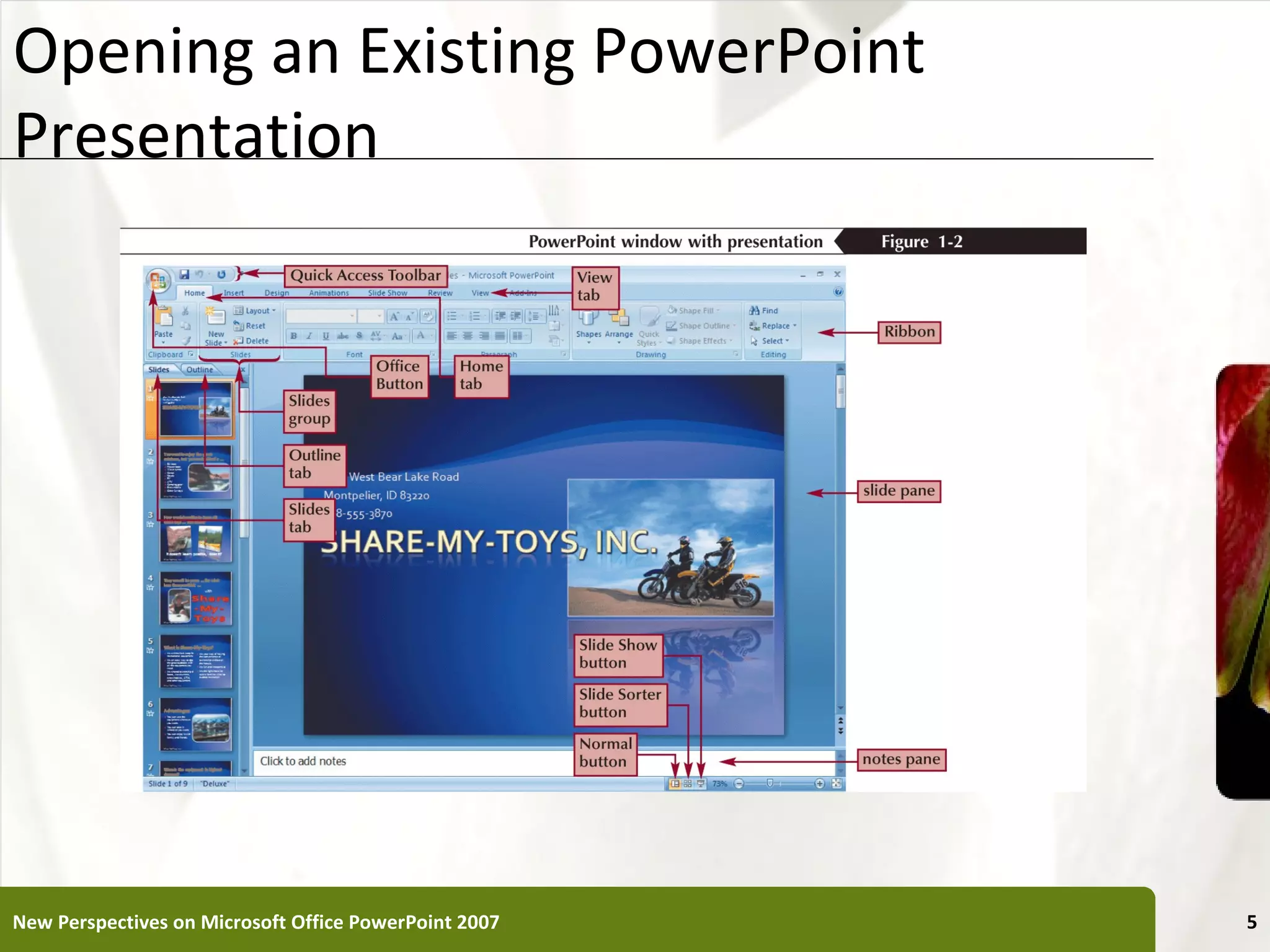 Opening an Existing PowerPoint                         XP
Presentation




New Perspectives on Microsoft Office PowerPoint 2007        5
 