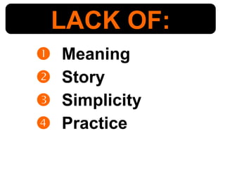    Meaning    Story    Simplicity    Practice LACK OF: 