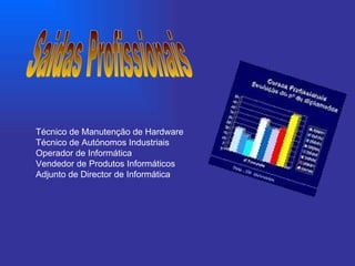 Electrónica fundamental Instalação e manutenção de equipamentos informáticos Sistemas digitais e arquitectura de computadores  Comunicação de dados Técnico de Manutenção de Hardware  Técnico de Autónomos Industriais  Operador de Informática  Vendedor de Produtos Informáticos  Adjunto de Director de Informática   Saidas Profissionais 