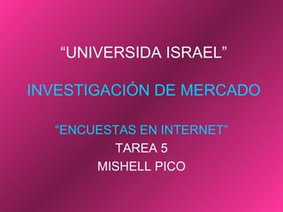 “ UNIVERSIDA ISRAEL” INVESTIGACIÓN DE MERCADO “ ENCUESTAS EN INTERNET” TAREA 5 MISHELL PICO 