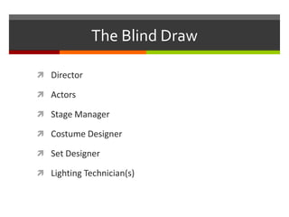 The Blind DrawDirectorActorsStage ManagerCostume DesignerSet DesignerLighting Technician(s)