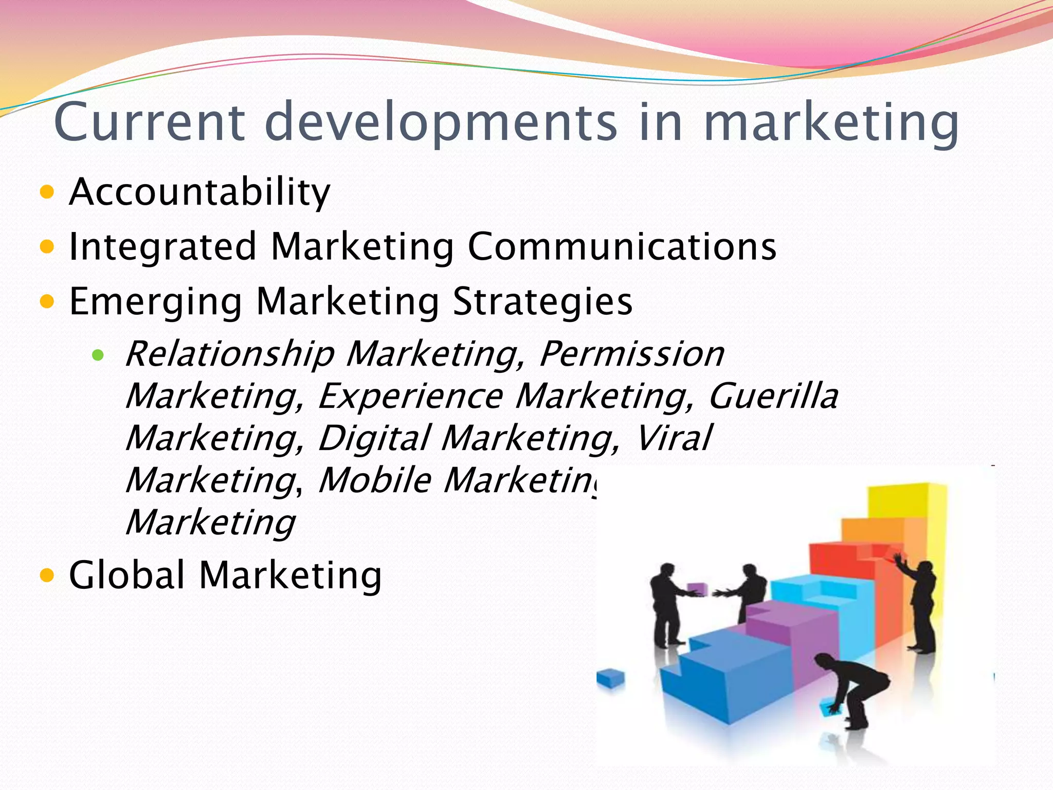 Current developments in marketingAccountabilityIntegrated Marketing CommunicationsEmerging Marketing StrategiesRelationship Marketing, Permission Marketing, Experience Marketing, Guerilla Marketing, Digital Marketing, Viral Marketing, Mobile Marketing, Social Network MarketingGlobal Marketing