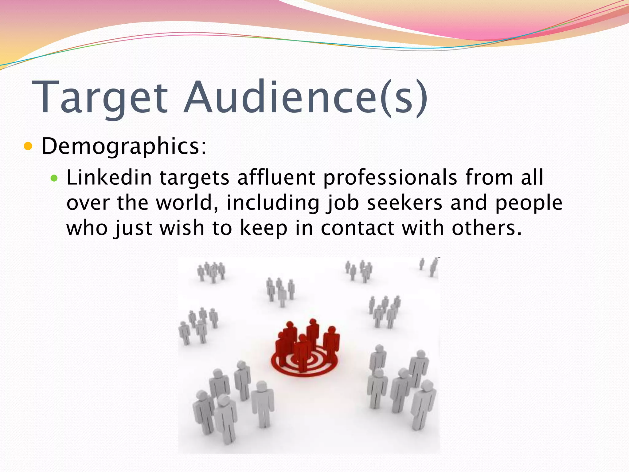 Target Audience(s)Demographics:Linkedin targets affluent professionals from all over the world, including job seekers and people who just wish to keep in contact with others.