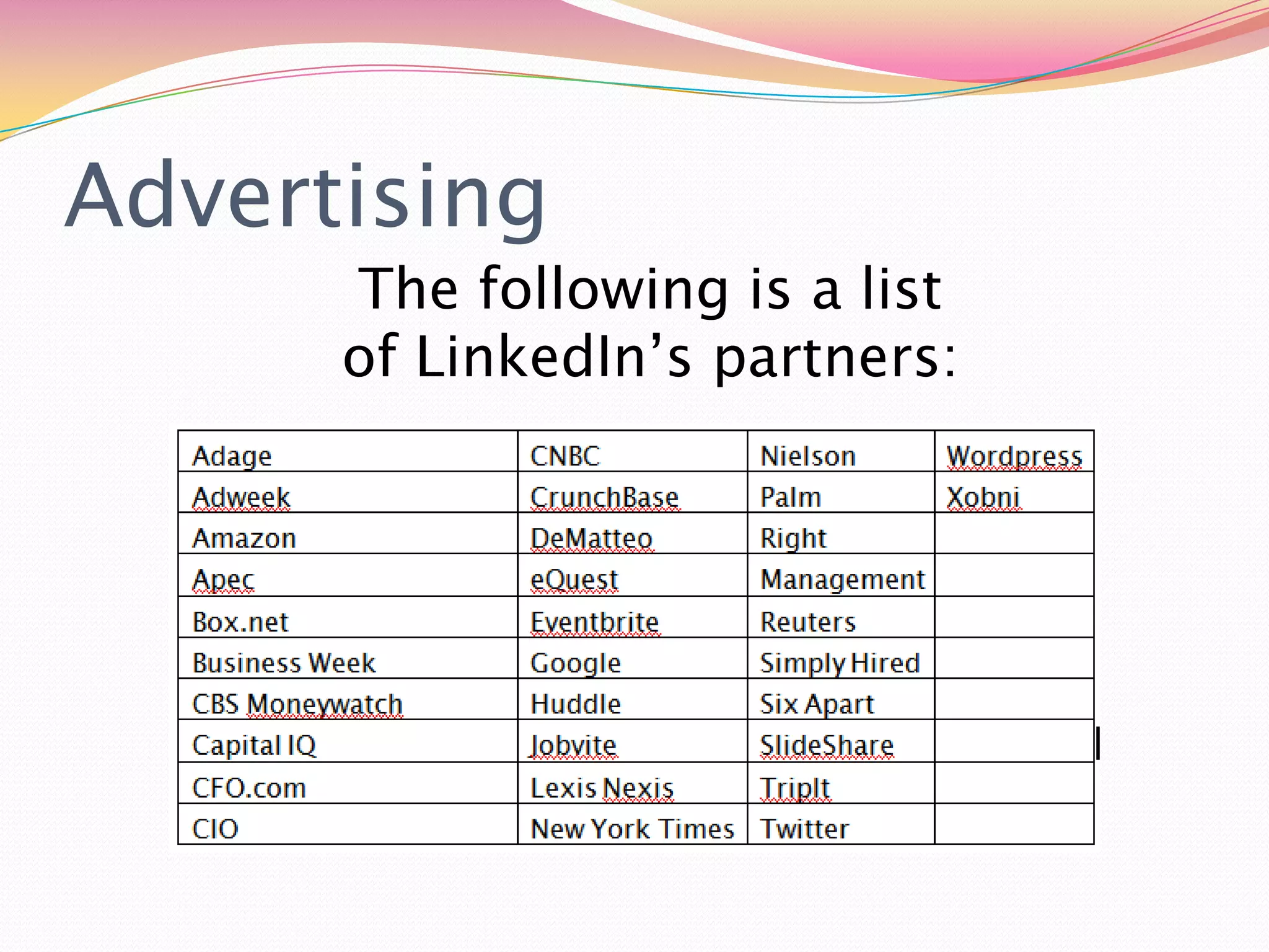 AdvertisingThe following is a list of LinkedIn’s partners: