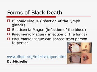 Forms of Black Death Bubonic Plague (infection of the lymph glands) Septicemia Plague (infection of the blood) Pneumonic Plague ( infection of the lungs) Pneumonic Plague can spread from person to person www.dhpe.org/infect/plague.html By:Michelle 