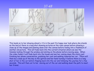 37-48 This leads on to her showing almost a ‘it’s in the past I’m happy now’ look where she stands on the bed at there is a long shot showing pictures on the rose canvas before showing a close up of the images and panning down over the canvas before fading into a flashback of another old picture.  This will fade back into the current situation where we see the females looking through the window and smiling on the phone before moving away.  When the video fades it will fade back into the house and see her coming down the stairs just finishing her phone conversation, grabbing her coat and walking towards her car.  There will then be a close up of the key in the ignition and her hand turning it before there is a long shot of her in the car before flipping back into the car and following the journey for a few seconds.  This will then cut to her  moving out of the car and walking down the path to meet her friend. 