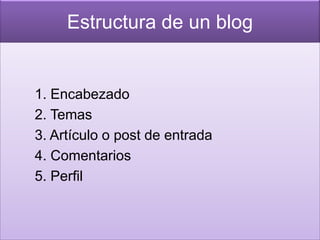 Estructura de un blog


1. Encabezado
2. Temas
3. Artículo o post de entrada
4. Comentarios
5. Perfil
 