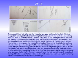25-36 The video will then cut to her getting ready for going out again, doing her hair this time though before lying on the floor and miming to the music, and fading back into her walking down the drive to enter the house.  There is a mid-shot of her putting the key in the door and opening, before fading into her entering the room and slinging her coat onto the chair.  The images will then once again fade and a technique used so that there is either a heart fade or hearts running over the image of the new boyfriend.  After this fade the audience will see a close up of the laptop with files and folders open, with one named Luke.  This will follow through with a deleting process that the audience can go through with her so it is as though they are part of the experience.  This will then move to her lying in her bed in her pyjamas staring at the new boyfriends picture before flipping to a few seconds of darkness after she puts the light off.  The next image will show the actress getting up from bed and staring at the bin where the torn pieces of the photographs are from her ex, before taking a flashback to the images of him with another girl. 
