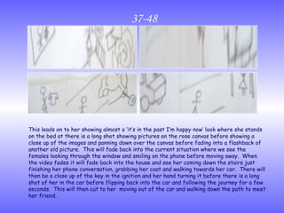 37-48 This leads on to her showing almost a ‘it’s in the past I’m happy now’ look where she stands on the bed at there is a long shot showing pictures on the rose canvas before showing a close up of the images and panning down over the canvas before fading into a flashback of another old picture.  This will fade back into the current situation where we see the females looking through the window and smiling on the phone before moving away.  When the video fades it will fade back into the house and see her coming down the stairs just finishing her phone conversation, grabbing her coat and walking towards her car.  There will then be a close up of the key in the ignition and her hand turning it before there is a long shot of her in the car before flipping back into the car and following the journey for a few seconds.  This will then cut to her  moving out of the car and walking down the path to meet her friend. 