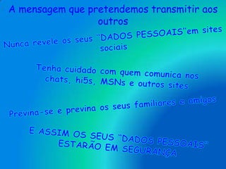 BibliografiaO que são Dados pessoais?Como protecção de dados pessoais entende-se a possibilidade de cada cidadão determinar de forma autónoma a utilização que é feita de seus próprios dados pessoais, em conjunto com o estabelecimento de uma série de garantias para evitar que estes dados pessoais sejam utilizados de forma a causar discriminação, ou danos de qualquer espécie, ao cidadão ou à colectividade.