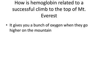 How is hemoglobin related to a successful climb to the top of Mt. EverestIt gives you a bunch of oxygen when they go higher on the mountain 
