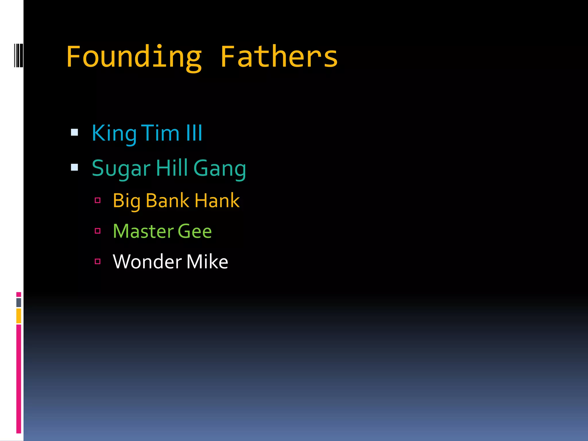 Founding FathersKing Tim IIISugar Hill GangBig Bank Hank Master Gee Wonder Mike 