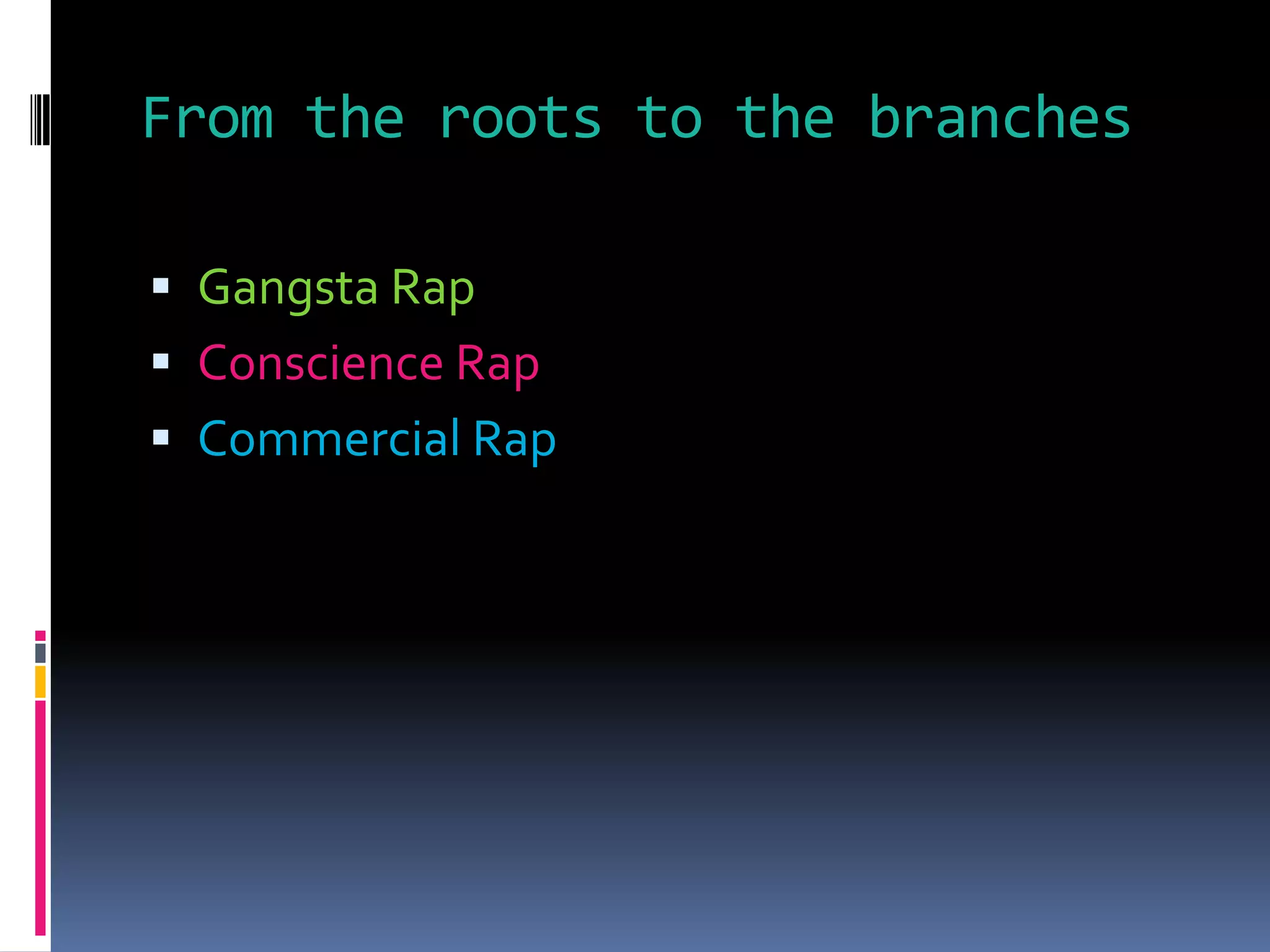 From the roots to the branchesGangsta RapConscience RapCommercial Rap