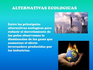 ALTERNATIVAS ECOLOGICASEntre las principales alternativas ecologicas para reducir el derretimiento de los polos observamos la disminucion de los gases que aumentan el efecto invernadero producidos por las industrias.