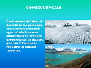 CONSECUENCIASCrecimiento del Mar: al derretirse los polos que estan compuestos por agua salada la marea aumentaria en grandes proporciones de manera que con el tiempo se reduciria el espacio terrestre.