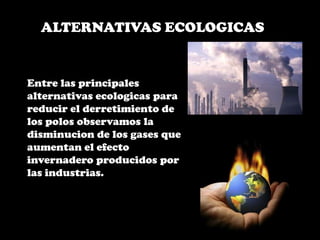 ALTERNATIVAS ECOLOGICASEntre las principales alternativas ecologicas para reducir el derretimiento de los polos observamos la disminucion de los gases que aumentan el efecto invernadero producidos por las industrias.