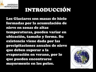 INTRODUCCIÓNLos Glaciares son masas de hielo formadas por la acumulación de nieve en zonas de altas temperaturas, pueden variar en ubicación, tamaño y forma. Su existencia viene dada por las precipitaciones anuales de nieve que deben superar a la evaporación en verano, por lo que pueden encontrarse  mayormente en los polos.