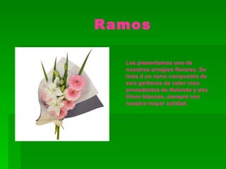 Ramos Les presentamos uno de nuestros arreglos florares. Se trata d un ramo compuesto de seis gerberas de color rosa procedentes de Holanda y dos lilium blancos, siempre con nuestra mayor calidad. 