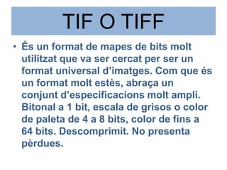 TIF O TIFFÉs un format de mapes de bits moltutilitzat que va ser cercat per ser un format universal d’imatges. Com que és un formatmoltestès, abraça un conjuntd’especificacionsmoltampli. Bitonal a 1 bit, escala de grisos o color de paleta de 4 a 8 bits, color de fins a 64 bits. Descomprimit. No presenta pèrdues.
