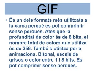 GIFÉs un delsformatsmésutilitzats a la xarxaperquè es pot comprimir sensepèrdues. Atès que la profunditat de color és de 8 bits, el nombre total de colors que utilitzaés de 256. També s’utilitza per a animacions. Bitonal, escala de grisos o color entre 1 i 8 bits. Es pot comprimir sensepèrdues.
