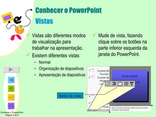 Conhecer o PowerPoint Vistas Vistas são diferentes modos de visualização para trabalhar na apresentação. Existem diferentes vistas Normal Organização de diapositivos Apresentação de diapositivos Mude de vista, fazendo clique sobre os botões na parte inferior esquerda da janela do PowerPoint. Conhecer o PowerPoint  Página 3 de 9 Botões de vistas Lorem Ipsum   Tincidunt ut Lorem Ipsum Delor sit amet consectetuer Nonummy nibh euismod Tincidunt ut Lorem Ipsum Magna aliquam Exerci tation Nonummy nibh eui  1 2 4 3 Exerci tation Nonummy nibh eui  Delor sit amet consectetuer adipiscing elit sed diam Nonummy nibh euismod 