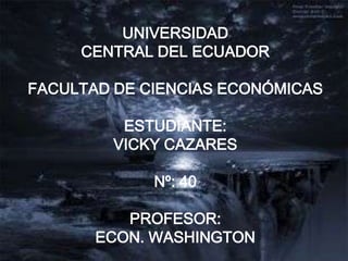 UNIVERSIDAD  CENTRAL DEL ECUADOR FACULTAD DE CIENCIAS ECONÓMICAS ESTUDIANTE: VICKY CAZARES Nº: 40 PROFESOR: ECON. WASHINGTON 