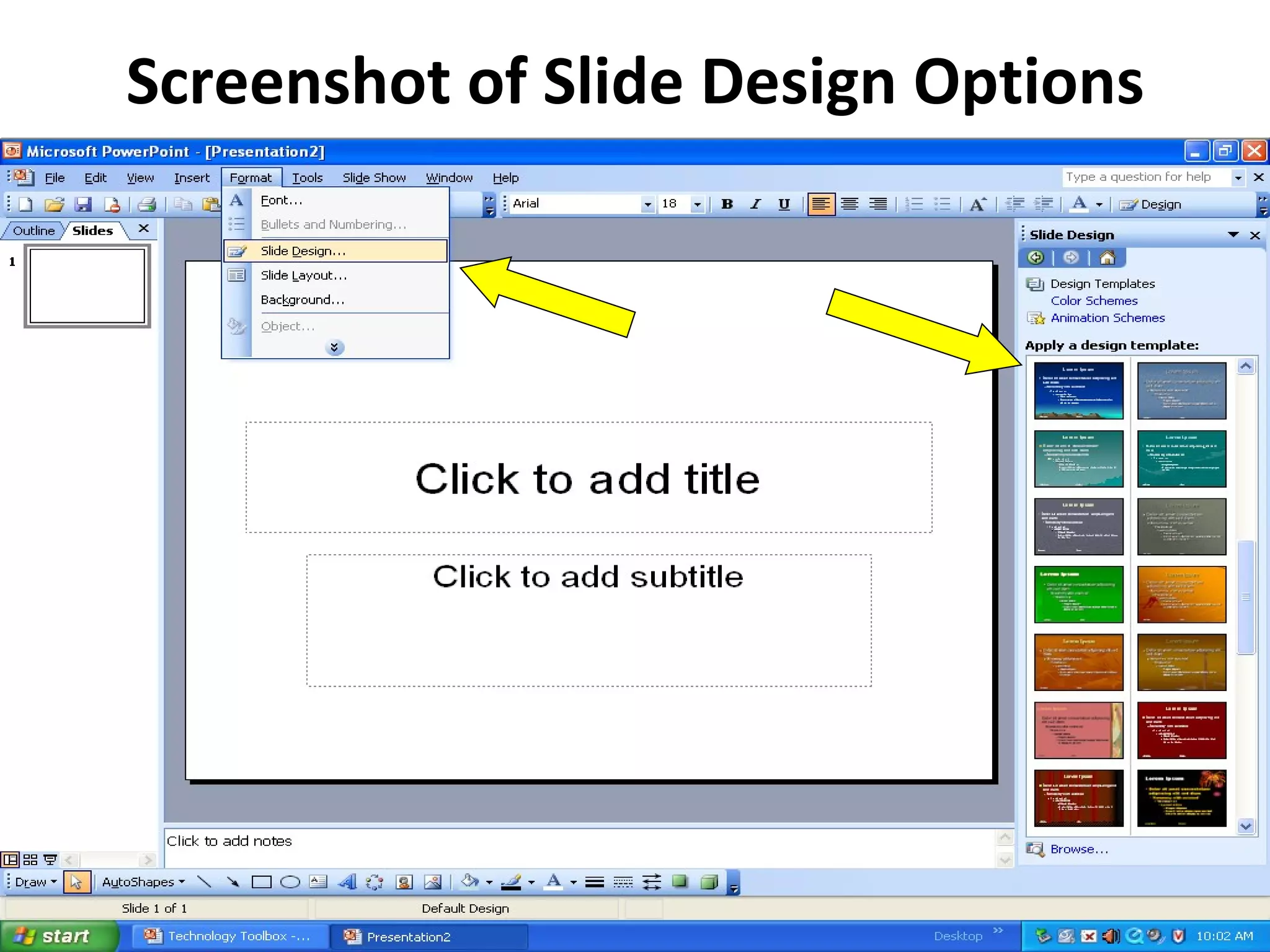 Screenshot of Slide Design Options 