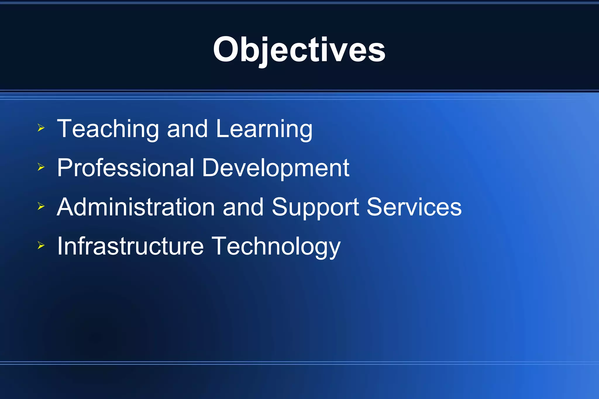 Objectives
➢ Teaching and Learning
➢ Professional Development
➢ Administration and Support Services
➢ Infrastructure Technology
 