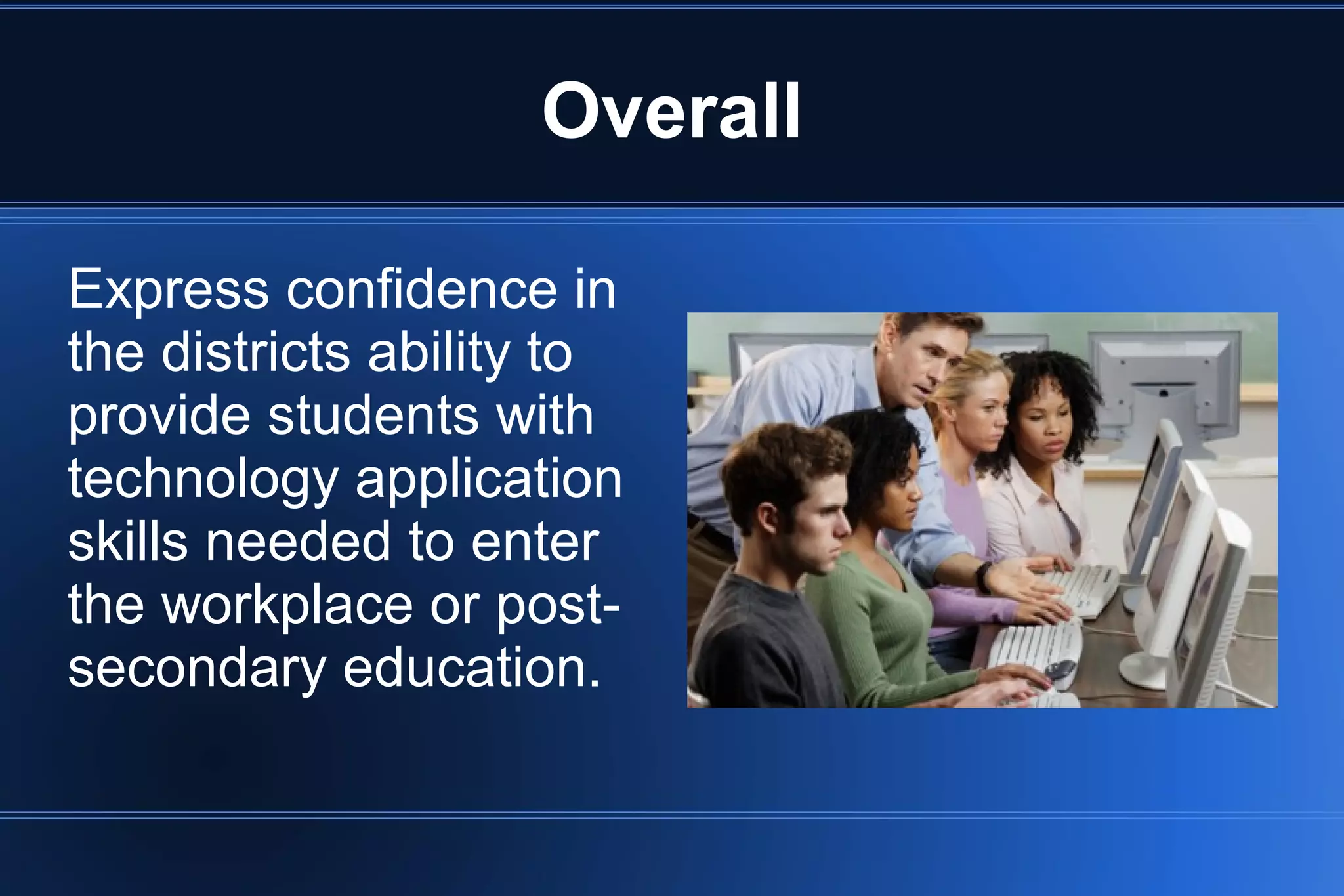 Overall
Express confidence in
the districts ability to
provide students with
technology application
skills needed to enter
the workplace or post-
secondary education.
 