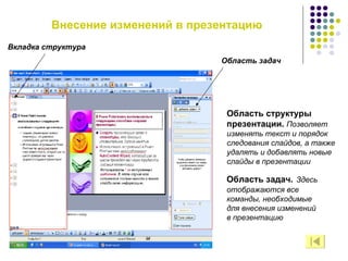 Область структуры презентации.  Позволяет   изменять текст и порядок следования слайдов, а также удалять и добавлять новые слайды в презентации Область задач.   Здесь отображаются все команды, необходимые для внесения изменений в презентацию Вкладка структура Область задач Внесение изменений в презентацию 