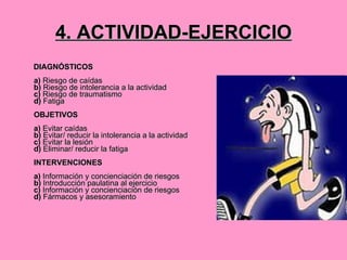 4. ACTIVIDAD-EJERCICIO DIAGNÓSTICOS  a)  Riesgo de caídas b)  Riesgo de intolerancia a la actividad c)  Riesgo de traumatismo d)  Fatiga OBJETIVOS a)  Evitar caídas b)  Evitar/ reducir la intolerancia a la actividad c)  Evitar la lesión d)  Eliminar/ reducir la fatiga INTERVENCIONES a)  Información y concienciación de riesgos b)  Introducción paulatina al ejercicio c)  Información y concienciación de riesgos d)  Fármacos y asesoramiento 