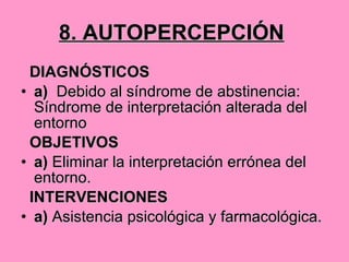 8. AUTOPERCEPCIÓN   DIAGNÓSTICOS a)  Debido al síndrome de abstinencia: Síndrome de interpretación alterada del entorno OBJETIVOS a)  Eliminar la interpretación errónea del entorno. INTERVENCIONES a)  Asistencia psicológica y farmacológica. 