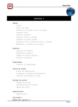Power Point




                           CAPÍTULO 3

Tablas
    Tablas
    Crear una tabla
    Selección de celdas, filas y columnas
    Insertar filas
    Insertar columnas
    Eliminar filas y columnas
    Combinar y dividir celdas
    Ajustar el alto y ancho de filas y columnas
    Modificar el formato de una tabla


Gráficos
    Insertar una gráfico
    Modificar un gráfico
    Cambiar el tipo de gráfico
    Eliminar un gráfico


Organigrama
    Insertar un organigrama


Patrón de diseño
    Patrón de diapositivas
    Visualizar el patrón de diapositiva
    Patrones de documento y notas


Botones de acción
    Botones de acción
    Presentaciones de Internet
    Página de inicio


Hipervínculos
    Hipervínculos

Actividad 3
Repaso del capítulo 3
                                                       Pág. 3
 