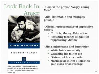 Coined the phrase “Angry Young Men” Jim, detestable and strangely pitiable Alison, representative of oppressive society Church, Money, Education Resulting feelings of guilt for “oppressing” Jimmy Jim’s misfortune and frustration White brick university Watching his father die Distrust of his own wife Marriage as either attempt to gain class or as revenge http://ar-images.tangentone.com.au/images/ar/97801404/9780140481754/180/270/plain/look-back-in-anger.jpg 