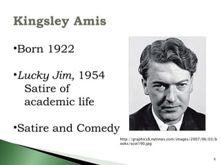 Born 1922 Lucky Jim,  1954 Satire of academic life Satire and Comedy http://graphics8.nytimes.com/images/2007/06/03/books/scot190.jpg 
