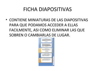 FICHA DIAPOSITIVAS CONTIENE MINIATURAS DE LAS DIAPOSITIVAS PARA QUE PODAMOS ACCEDER A ELLAS FACILMENTE, ASI COMO ELIMINAR LAS QUE SOBREN O CAMBIARLAS DE LUGAR. 