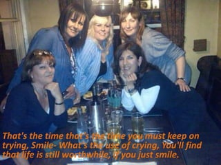 That's the time that’s the time you must keep on trying, Smile- What's the use of crying, You'll find that life is still worthwhile, If you just smile.