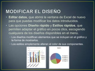 • Editar datos, que abrirá la ventana de Excel de nuevo
  para que puedas modificar los datos introducidos.
• Las opciones Diseño rápido y Estilos rápidos, que
  permiten adaptar el gráfico en pocos clics, escogiendo
  cualquiera de los diseños disponibles en el menú.
  • Los diseños modifican elementos que se incluyen en el gráfico y
    la forma de mostrarlos.
  • Los estilos simplemente alteran el color de sus componentes.
 
