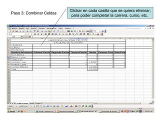 Paso 3: Combinar Celdas Clickar en cada casilla que se quiera eliminar, para poder completar la carrera, curso, etc.  