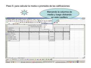 Paso 5: para calcular la media o promedio de las calificaciones Marcando la columna de media y luego clickando en este casillero 