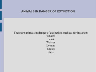 ANIMALS IN DANGER OF EXTINCTION There are animals in danger of extinction, such as, for instance: Whales Bears Wolves Lynxes Eagles Etc... 