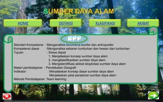 SUMBER DAYA ALAM
  HOME                        DEFINISI                 KLASIFIKASI                AKIBAT



                                    RPP
Standart Kompetensi : Menganalisis fenomena biosfer dan antroposfer
Kompetensi dasar     : Menganalisa sebaran tumbuhan dan hewan dan tumbuhan
Tujuan                 : Siswa dapat
                         1. Menjelaskan konsep sumber daya alam
                         2. mengklasifikasikan sumber daya alam
                         3. Mengidentifikasi akibat eksplotasi sumber daya alam
Materi pembelajaran : Pendekatan Geografi
Indikator               : Menjelaskan konsep dasar sumber daya alam
                          Menjelaskan peta persebran sumber daya alam
Metode Pembelajaran :Team learning
 