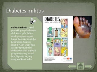 diabetes militus, yakni
penyakit yang disebabkan
oleh kadar gula dalam
darah yang meningkat
tinggi. Penyakit ini akibat
kekurangan hormon
insulin. Akan tetapi pada
dasarnya penyakit ini
diakibatkan oleh antibodi
yang menyerang sel-sel
beta di pankreas yang
menghasilkan insulin.
 