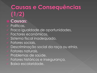    Políticas,
   Fraca igualdade de oportunidades,
   Factores económicos,
   Sistema fiscal inadequado,
   Fatores sociais,
   Descriminação social da raça ou etnia,
   Fatores naturais,
   Problemas de saúde,
   Fatores históricos e insegurança,
   Baixa escolaridade.
 